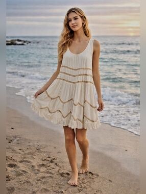 Boho Cream Lace Tiered Mini Dress Polka Dot Beachy Cottagecore
